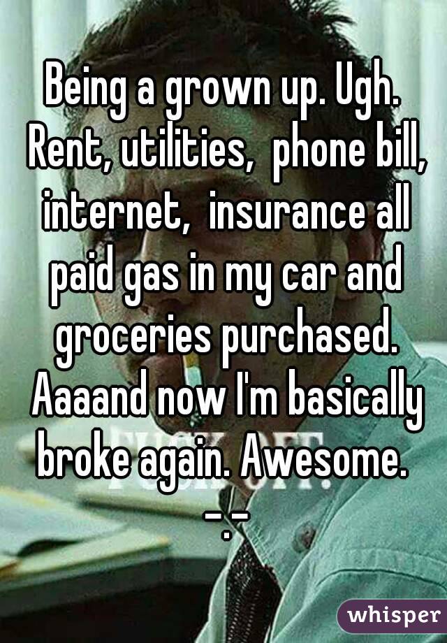 Being a grown up. Ugh. Rent, utilities,  phone bill, internet,  insurance all paid gas in my car and groceries purchased. Aaaand now I'm basically broke again. Awesome.  -.-