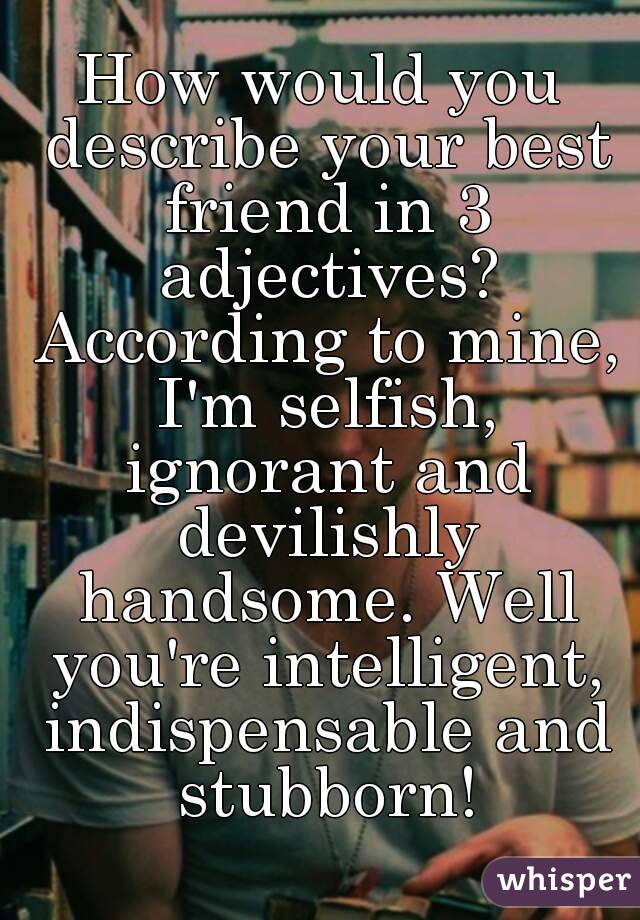 How would you describe your best friend in 3 adjectives? According to mine, I'm selfish, ignorant and devilishly handsome. Well you're intelligent, indispensable and stubborn!