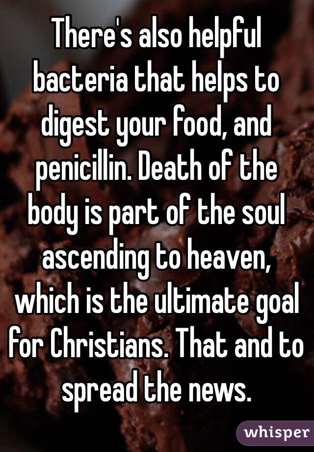 There's also helpful bacteria that helps to digest your food, and penicillin. Death of the body is part of the soul ascending to heaven, which is the ultimate goal for Christians. That and to spread the news.