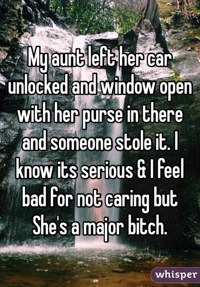 My aunt left her car unlocked and window open with her purse in there and someone stole it. I know its serious & I feel bad for not caring but She's a major bitch. 