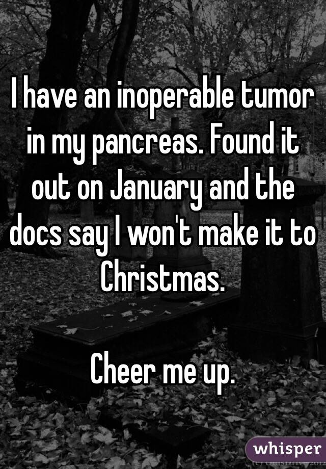 I have an inoperable tumor in my pancreas. Found it out on January and the docs say I won't make it to Christmas.

Cheer me up.