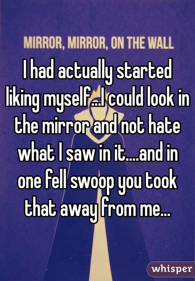 I had actually started liking myself...I could look in the mirror and not hate what I saw in it....and in one fell swoop you took that away from me...