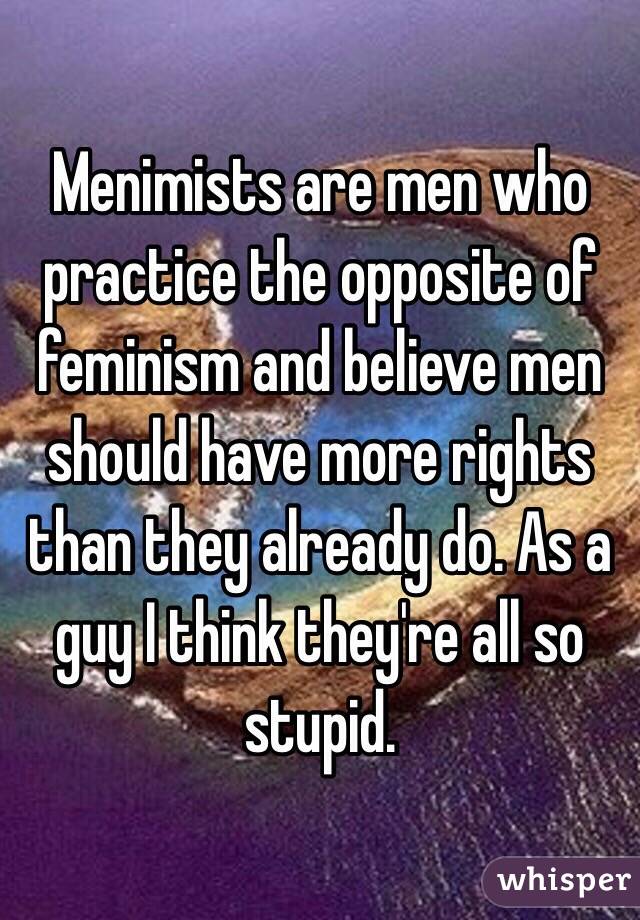 Menimists are men who practice the opposite of feminism and believe men should have more rights than they already do. As a guy I think they're all so stupid.