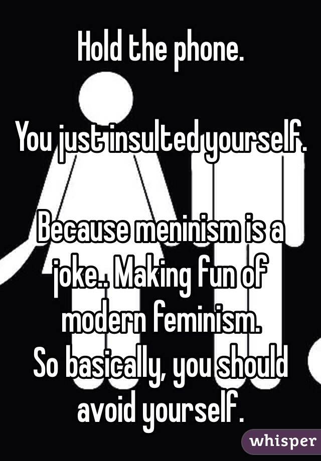 Hold the phone. 

You just insulted yourself. 

Because meninism is a joke.. Making fun of modern feminism. 
So basically, you should avoid yourself. 