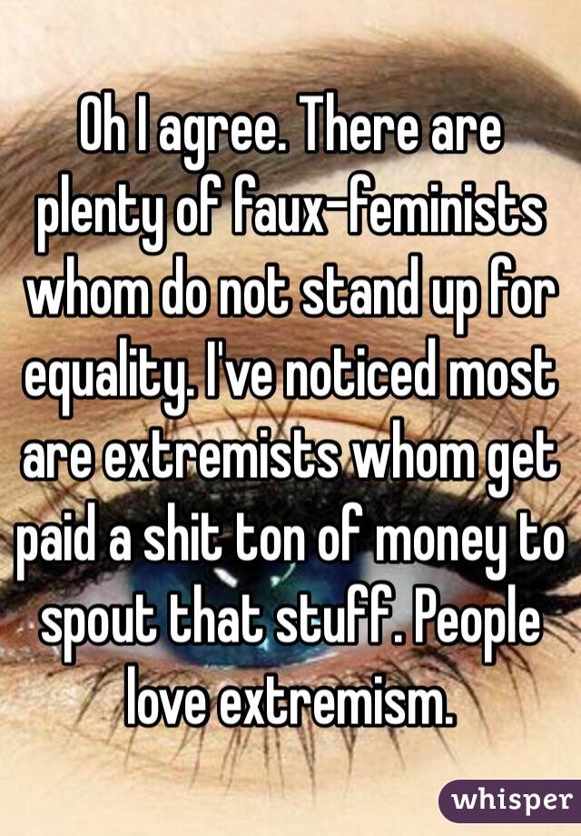 Oh I agree. There are plenty of faux-feminists whom do not stand up for equality. I've noticed most are extremists whom get paid a shit ton of money to spout that stuff. People love extremism.