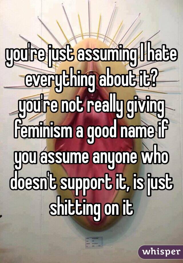 you're just assuming I hate everything about it? you're not really giving feminism a good name if you assume anyone who doesn't support it, is just shitting on it 