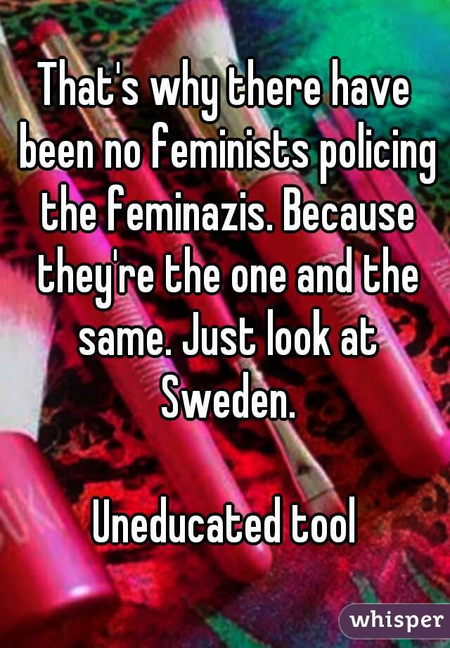 That's why there have been no feminists policing the feminazis. Because they're the one and the same. Just look at Sweden.

Uneducated tool