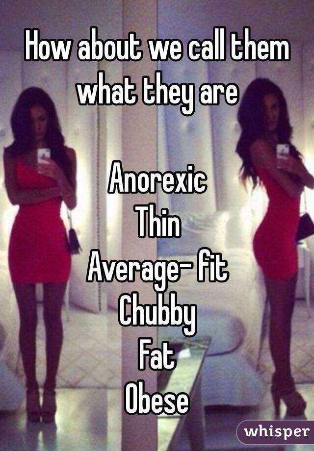 How about we call them what they are

Anorexic
Thin
Average- fit
Chubby
Fat
Obese 