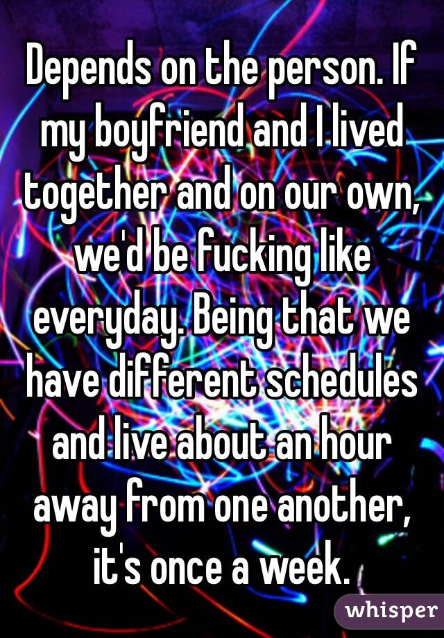 Depends on the person. If my boyfriend and I lived together and on our own, we'd be fucking like everyday. Being that we have different schedules and live about an hour away from one another, it's once a week. 