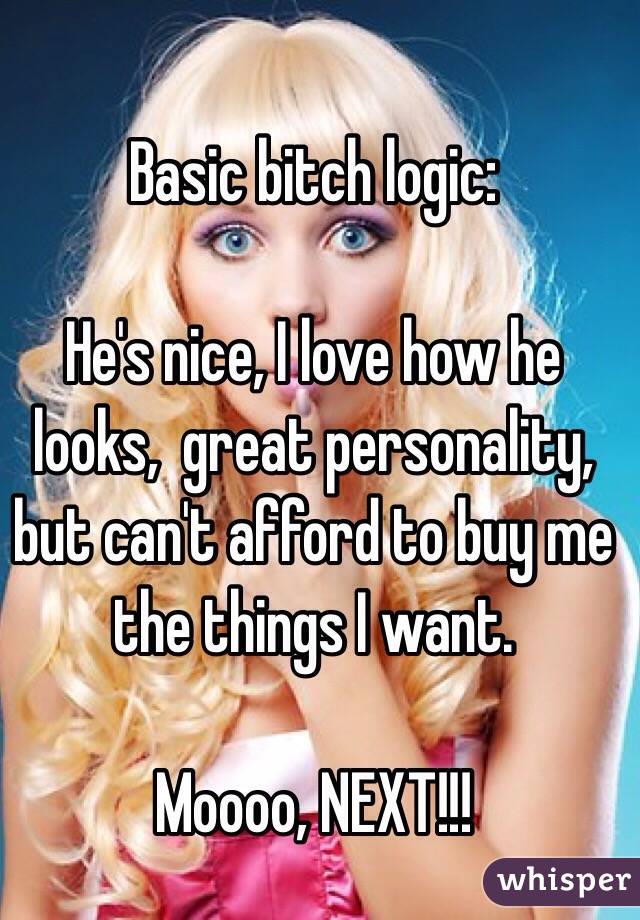 Basic bitch logic:

He's nice, I love how he looks,  great personality, but can't afford to buy me the things I want. 

Moooo, NEXT!!! 