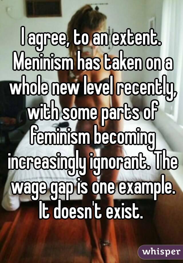 I agree, to an extent. Meninism has taken on a whole new level recently, with some parts of feminism becoming increasingly ignorant. The wage gap is one example. It doesn't exist. 