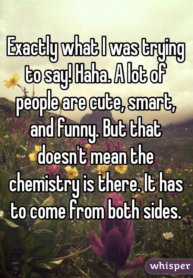 Exactly what I was trying to say! Haha. A lot of people are cute, smart, and funny. But that doesn't mean the chemistry is there. It has to come from both sides. 