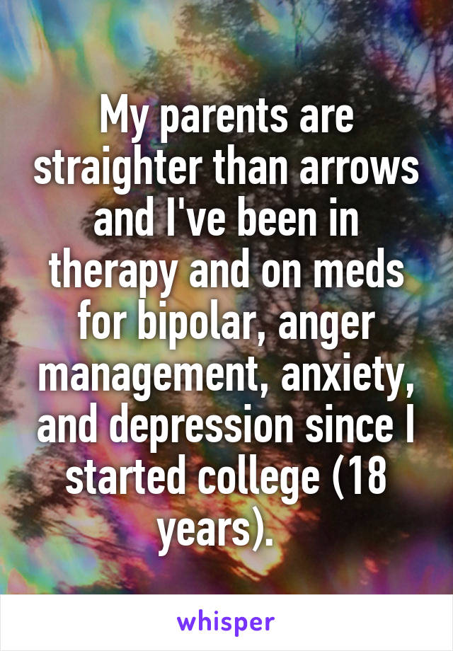 My parents are straighter than arrows and I've been in therapy and on meds for bipolar, anger management, anxiety, and depression since I started college (18 years).  