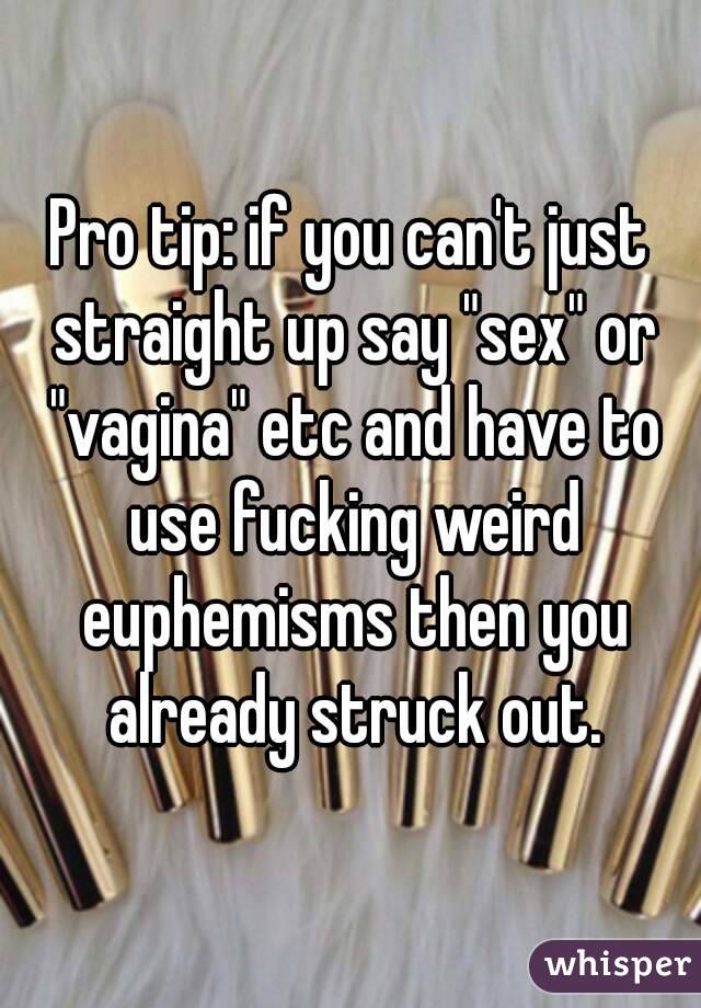 Pro tip: if you can't just straight up say "sex" or "vagina" etc and have to use fucking weird euphemisms then you already struck out.