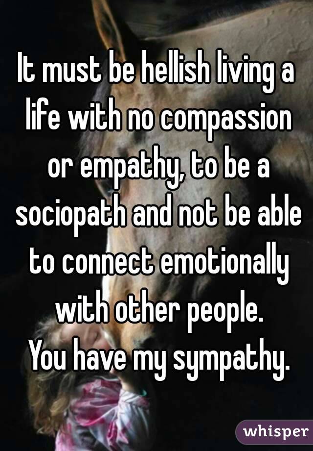 It must be hellish living a life with no compassion or empathy, to be a sociopath and not be able to connect emotionally with other people.
 You have my sympathy.