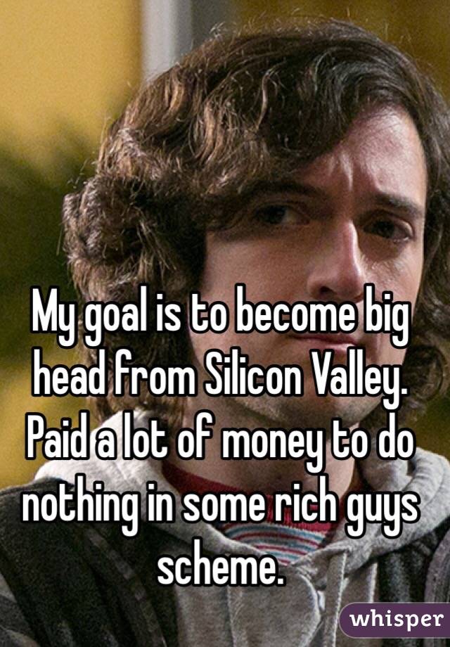 My goal is to become big head from Silicon Valley. Paid a lot of money to do nothing in some rich guys scheme.