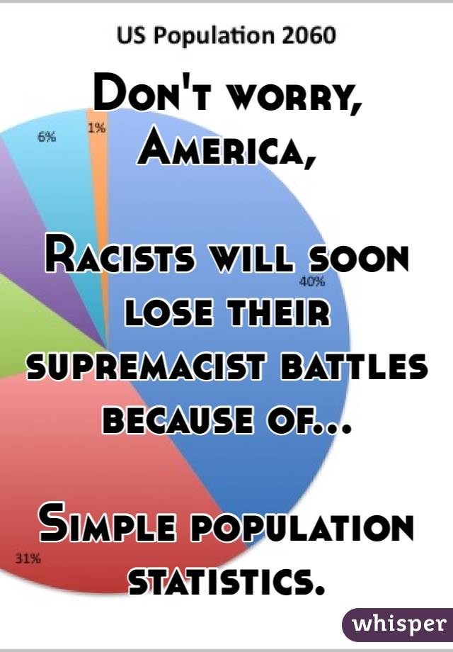 Don't worry, America,

Racists will soon lose their supremacist battles because of... 

Simple population statistics.  