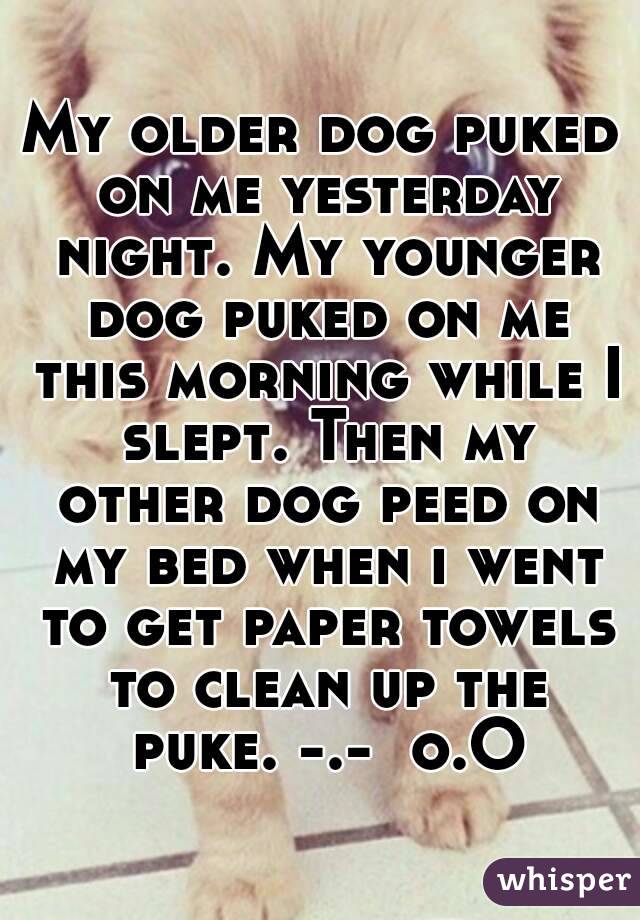 My older dog puked on me yesterday night. My younger dog puked on me this morning while I slept. Then my other dog peed on my bed when i went to get paper towels to clean up the puke. -.-  o.O