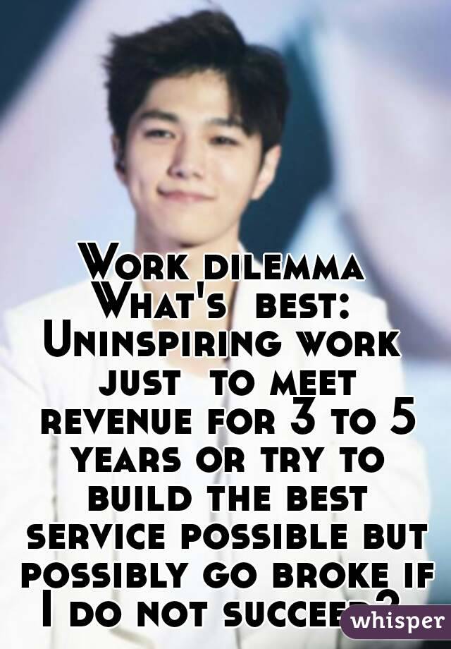 Work dilemma
What's  best:
Uninspiring work just  to meet revenue for 3 to 5 years or try to build the best service possible but possibly go broke if I do not succeed? 