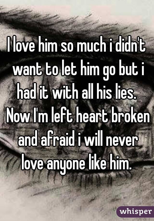 I love him so much i didn't want to let him go but i had it with all his lies.  Now I'm left heart broken and afraid i will never love anyone like him. 