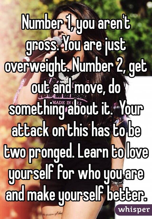 Number 1, you aren't gross. You are just overweight. Number 2, get out and move, do something about it.  Your attack on this has to be two pronged. Learn to love yourself for who you are and make yourself better. 