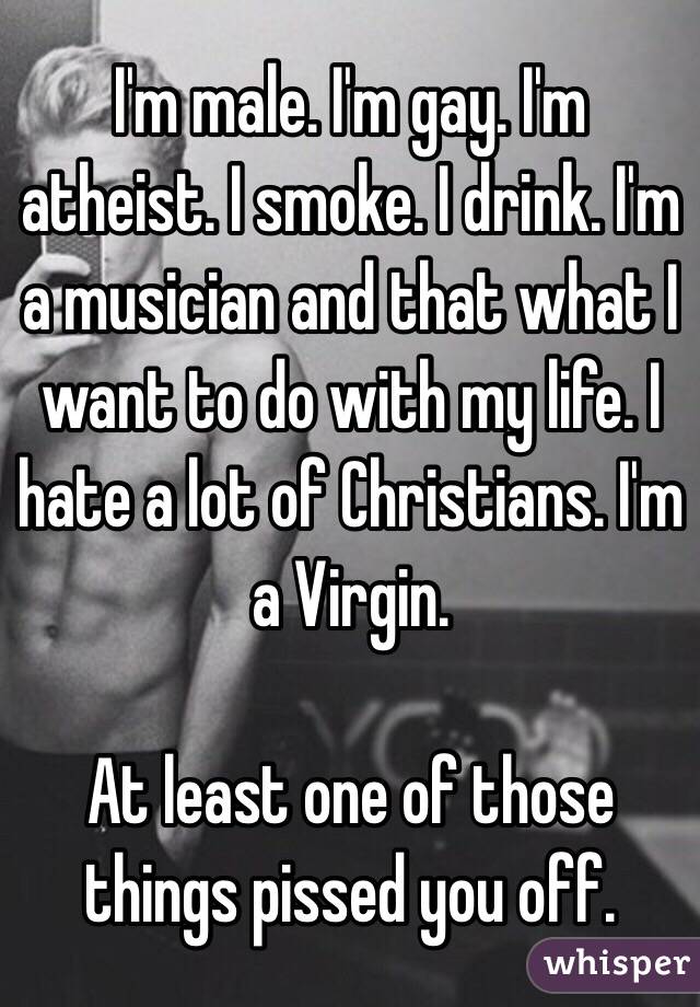 I'm male. I'm gay. I'm atheist. I smoke. I drink. I'm a musician and that what I want to do with my life. I hate a lot of Christians. I'm a Virgin.

At least one of those things pissed you off. 