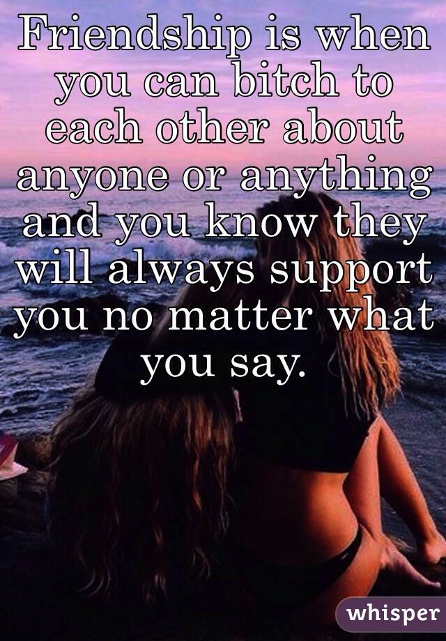 Friendship is when you can bitch to each other about anyone or anything and you know they will always support you no matter what you say. 