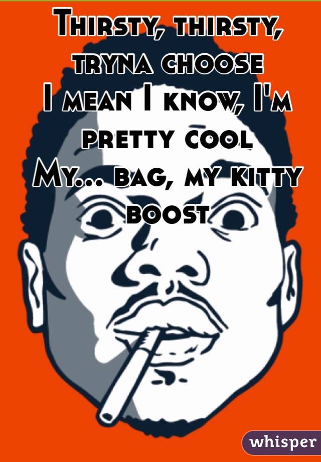 Thirsty, thirsty, tryna choose 
I mean I know, I'm pretty cool 
My... bag, my kitty boost 