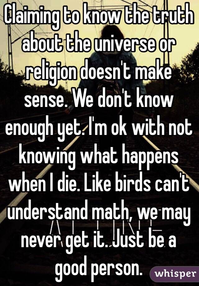 Claiming to know the truth about the universe or religion doesn't make sense. We don't know enough yet. I'm ok with not knowing what happens when I die. Like birds can't understand math, we may never get it. Just be a good person.