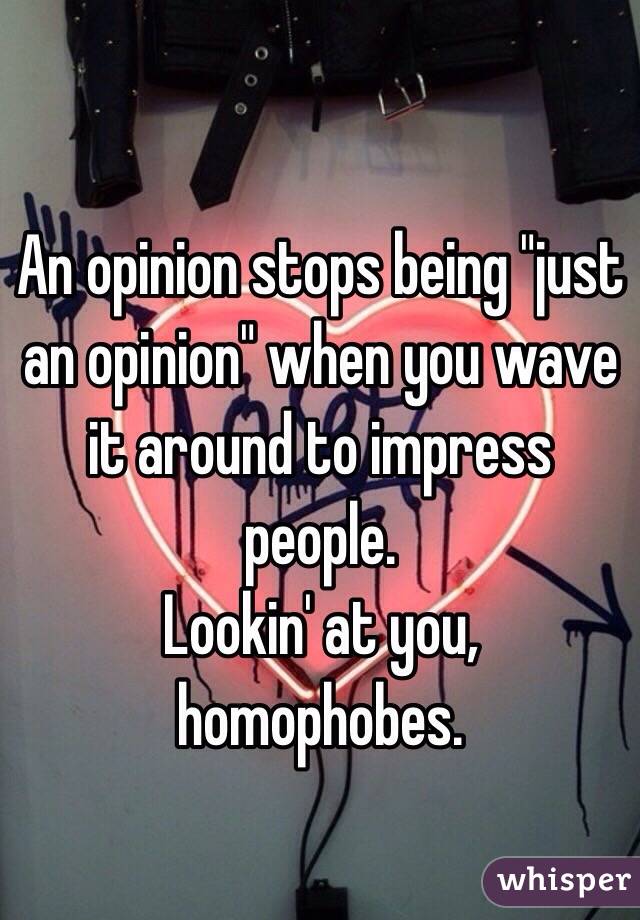 An opinion stops being "just an opinion" when you wave it around to impress people.
Lookin' at you, homophobes.