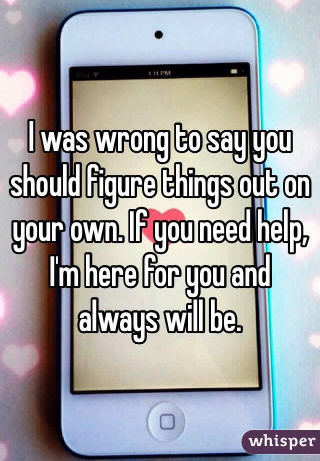 I was wrong to say you should figure things out on your own. If you need help, I'm here for you and always will be.