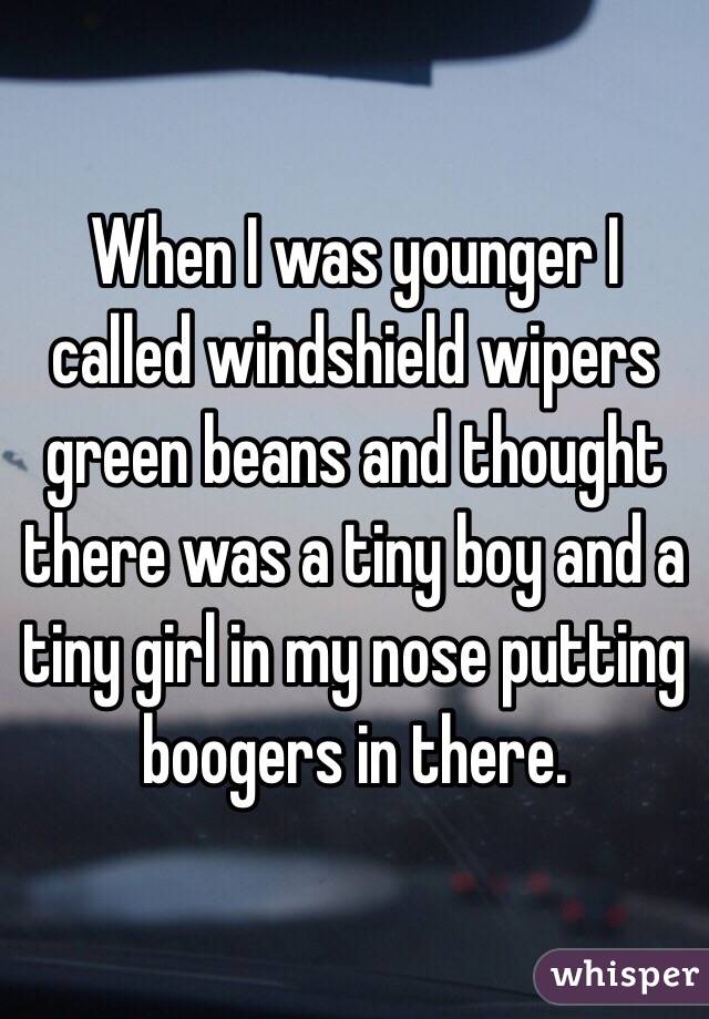 When I was younger I called windshield wipers green beans and thought there was a tiny boy and a tiny girl in my nose putting boogers in there. 