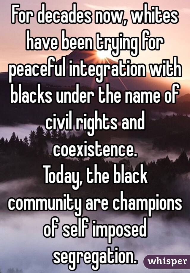 For decades now, whites have been trying for peaceful integration with blacks under the name of civil rights and coexistence.
Today, the black community are champions of self imposed segregation.