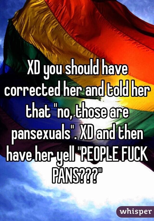 XD you should have corrected her and told her that "no, those are pansexuals". XD and then have her yell "PEOPLE FUCK PANS???"