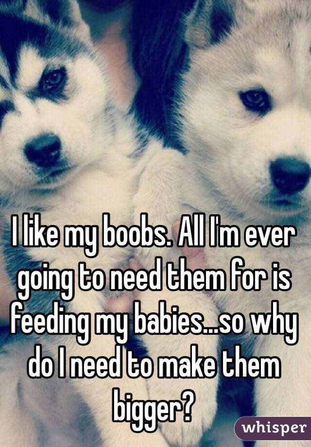 I like my boobs. All I'm ever going to need them for is feeding my babies...so why do I need to make them bigger? 