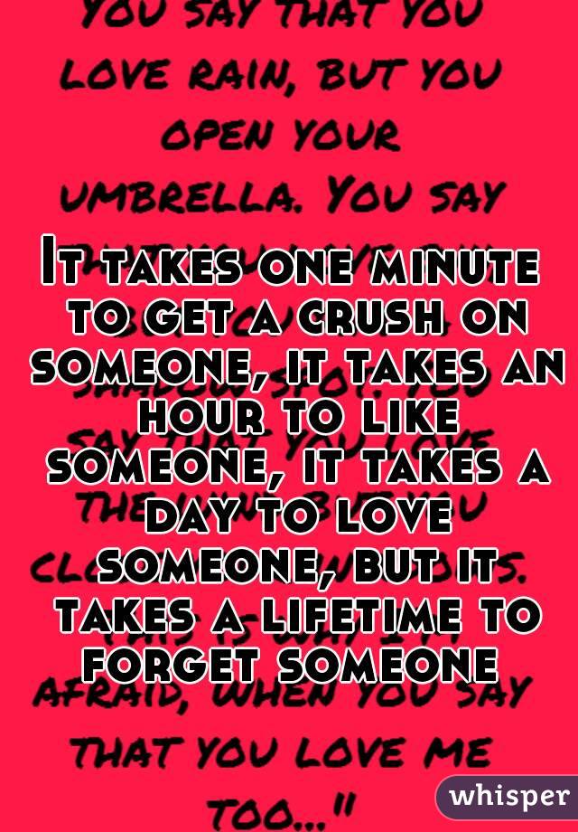 It takes one minute to get a crush on someone, it takes an hour to like someone, it takes a day to love someone, but it takes a lifetime to forget someone 