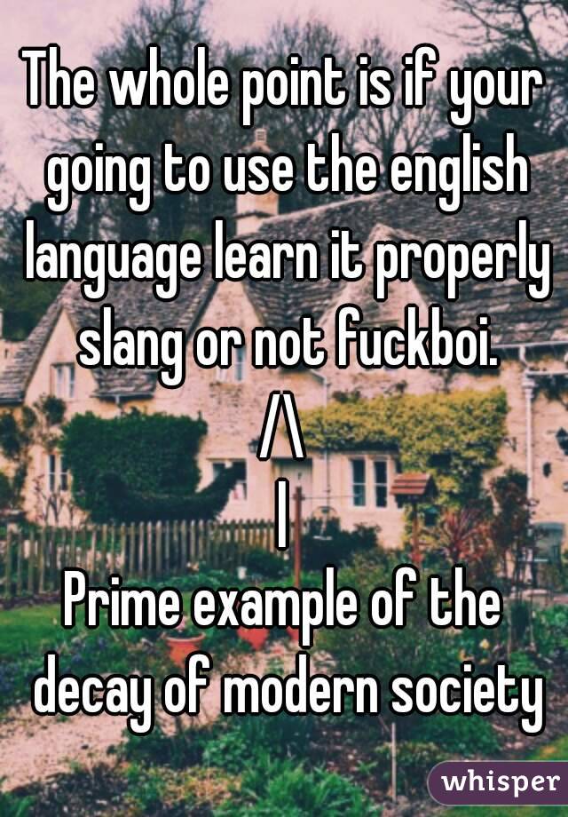The whole point is if your going to use the english language learn it properly slang or not fuckboi.
/\
|
Prime example of the decay of modern society
