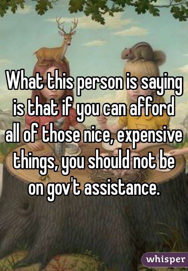 What this person is saying is that if you can afford all of those nice, expensive things, you should not be on gov't assistance. 