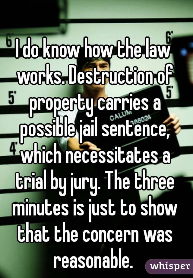 I do know how the law works. Destruction of property carries a possible jail sentence, which necessitates a trial by jury. The three minutes is just to show that the concern was reasonable. 