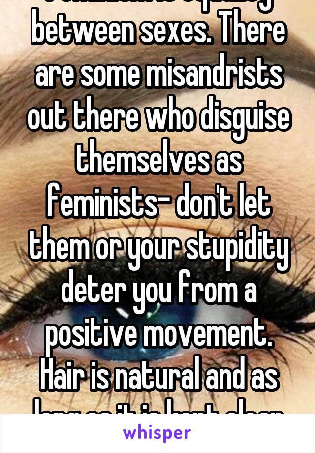 Feminism is equality between sexes. There are some misandrists out there who disguise themselves as feminists- don't let them or your stupidity deter you from a positive movement. Hair is natural and as long as it is kept clean should not be an issue. 