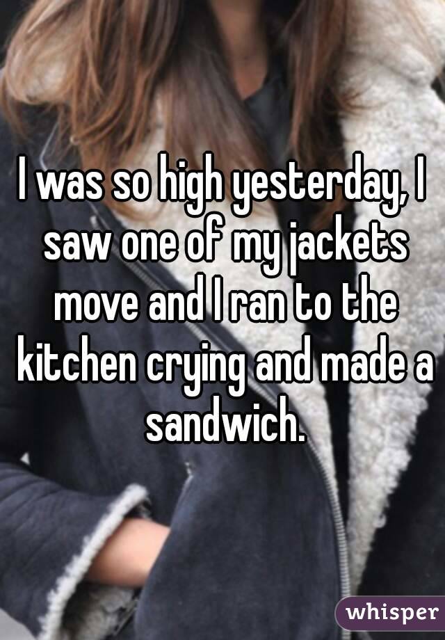 I was so high yesterday, I saw one of my jackets move and I ran to the kitchen crying and made a sandwich.