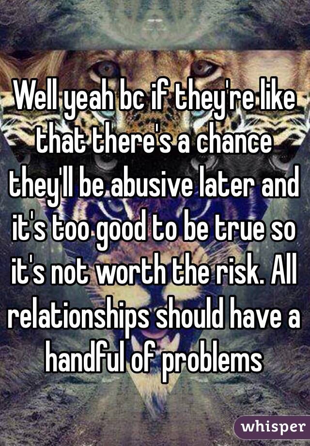 Well yeah bc if they're like that there's a chance they'll be abusive later and it's too good to be true so it's not worth the risk. All relationships should have a handful of problems