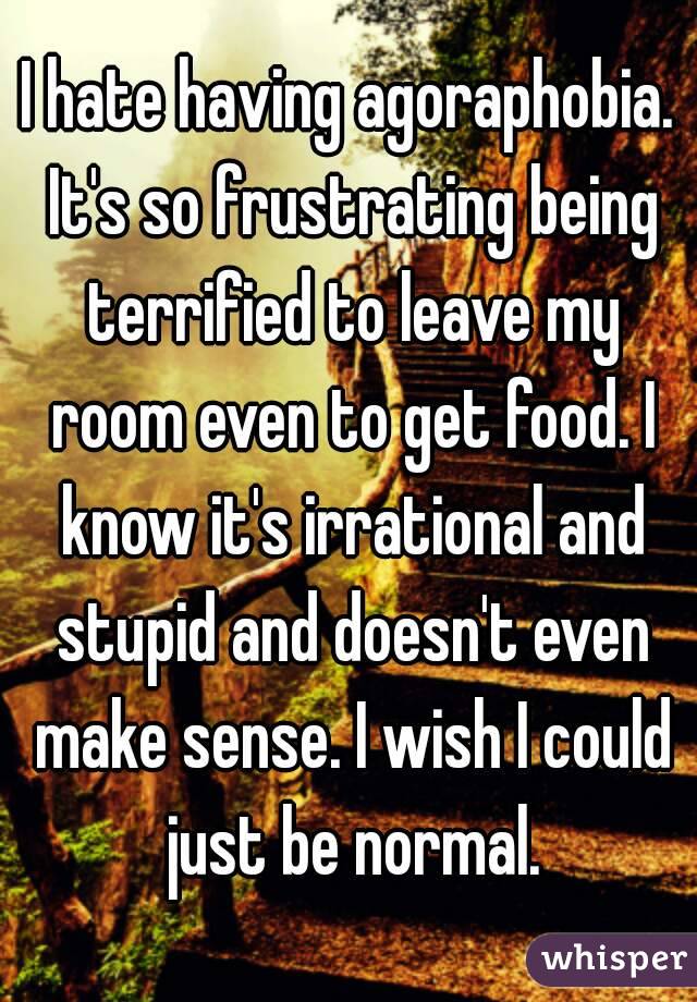 I hate having agoraphobia. It's so frustrating being terrified to leave my room even to get food. I know it's irrational and stupid and doesn't even make sense. I wish I could just be normal.
