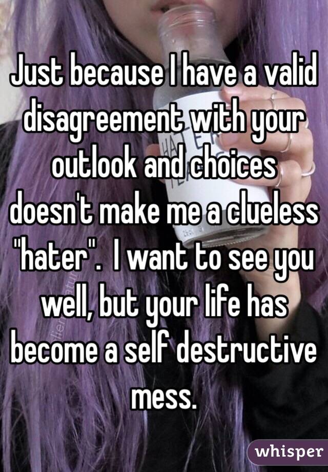 Just because I have a valid disagreement with your outlook and choices doesn't make me a clueless "hater".  I want to see you well, but your life has become a self destructive mess.  