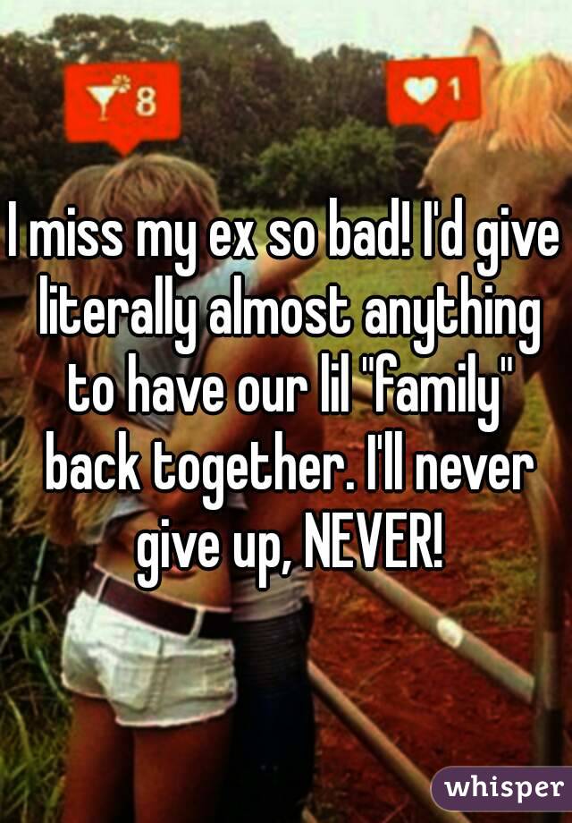 I miss my ex so bad! I'd give literally almost anything to have our lil "family" back together. I'll never give up, NEVER!