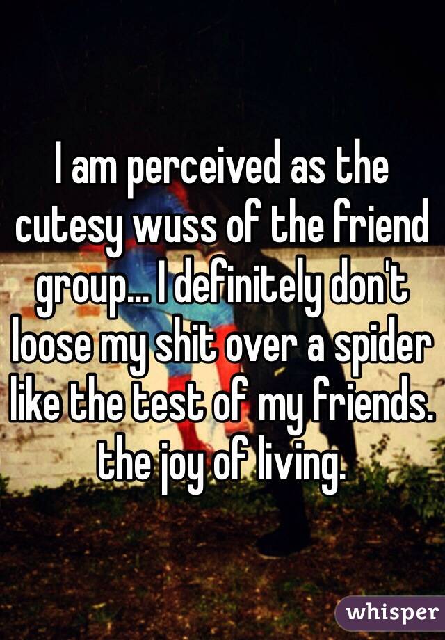 I am perceived as the cutesy wuss of the friend group... I definitely don't loose my shit over a spider like the test of my friends. the joy of living.