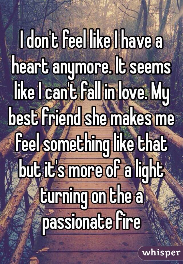 I don't feel like I have a heart anymore. It seems like I can't fall in love. My best friend she makes me feel something like that but it's more of a light turning on the a passionate fire