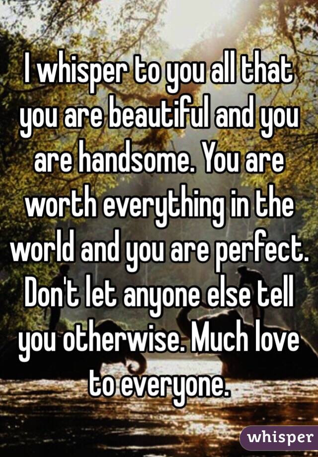 I whisper to you all that you are beautiful and you are handsome. You are worth everything in the world and you are perfect. Don't let anyone else tell you otherwise. Much love to everyone. 