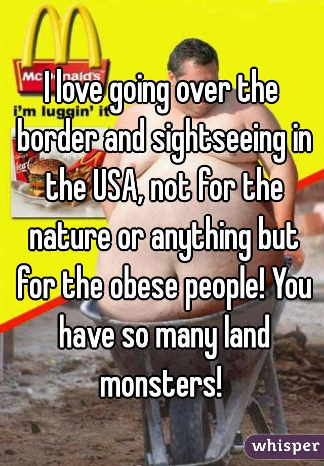 I love going over the border and sightseeing in the USA, not for the nature or anything but for the obese people! You have so many land monsters! 