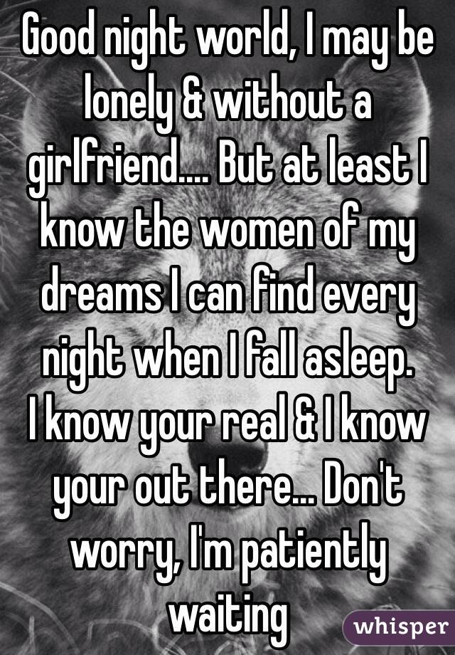 Good night world, I may be lonely & without a girlfriend.... But at least I know the women of my dreams I can find every night when I fall asleep.
I know your real & I know your out there... Don't worry, I'm patiently waiting